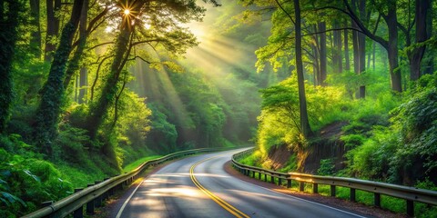 A winding road through a lush forest, bathed in golden sunlight streaming through the canopy, creating a sense of tranquility and adventure.