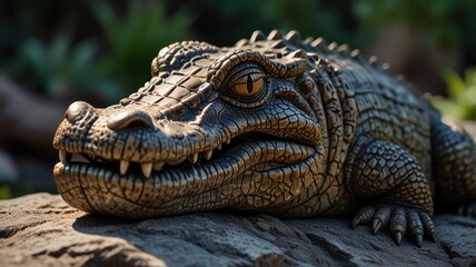 Obraz premium a stone sculpture of a crocodile. The sculpture's intricate details, including the textured skin, sharp teeth, and piercing eyes, create a sense of realism and danger.