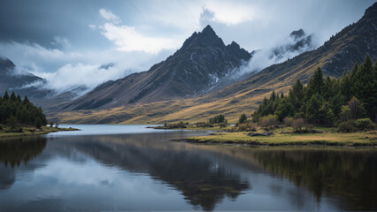 A serene lake reflects snow-capped mountains and pine trees under a cloudy sky, creating a tranquil and picturesque landscape.