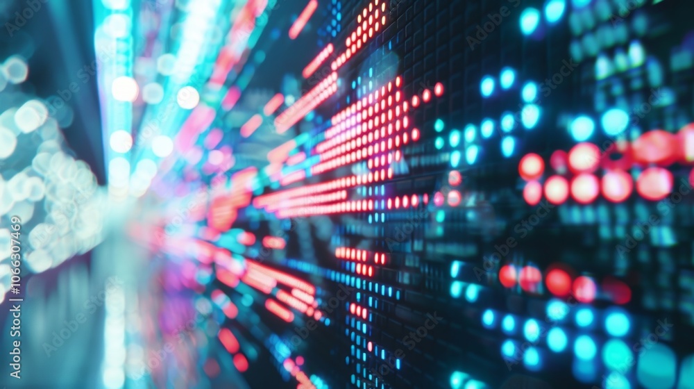 Poster colorful bokeh effect created by lights blurring as a server room data center shows digital informat