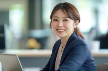 Fototapeta premium Smiling Japanese businesswoman working on laptop in modern office workspace