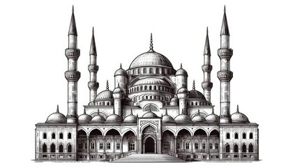 Fototapeta premium Mosque islamic religion building line art sketch engraving illustration. Black and white hand drawn image.