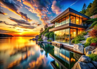 Fototapeta premium Serene Waterfront Retreat at Sunrise with Modern Architectural Design and Cliff Backdrop