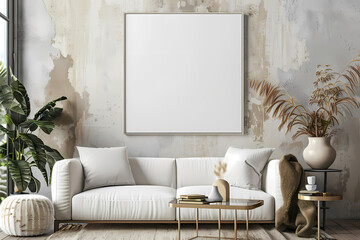 Stylish living room featuring a modern white couch, earthy tones, and decorative plants, creating a tranquil and inviting atmosphere.