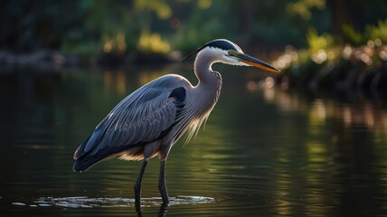 Naklejka premium A heron stands tall on a still pond at dawn. Its sharp beak and piercing yellow eyes convey a sense of alertness and focus.