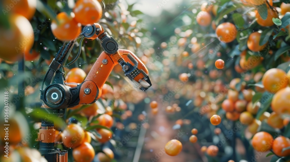 Poster robotic arm picks ripe oranges in a sunny orchard, blending automation and ai for efficient farming