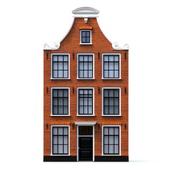 Obraz premium Classic brick building with tall windows and unique gable architecture, white isolated background.