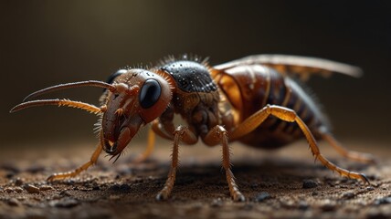 Naklejka premium a termite with a segmented body and large, prominent eyes. Its exoskeleton is a striking combination of brown and black, with intricate patterns and textures.