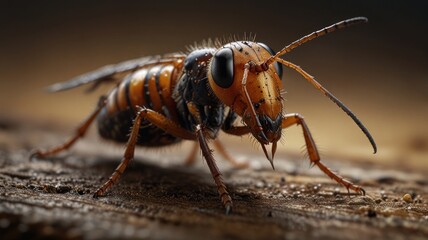 Fototapeta premium a termite with a segmented body and large, prominent eyes. Its exoskeleton is a striking combination of brown and black, with intricate patterns and textures.