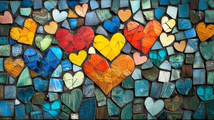 Obraz premium Colorful Mosaic of Hearts Composed of Small Tiles