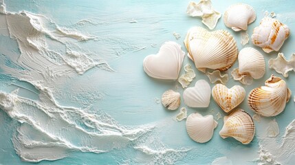 Fototapeta premium White and Brown Seashells Arranged on Blue and White Surface