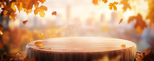 A rustic wooden podium with soft mist surrounding it, golden autumn leaves floating nearby, and a pastel sky in the background, wooden podium, autumn leaves