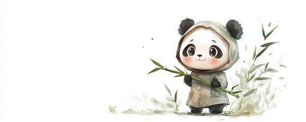 Cute panda holding bamboo, white isolate background