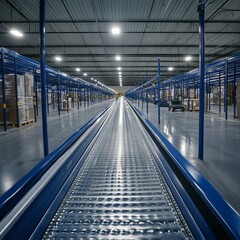 Obraz premium inventory management, warehouse planning, strategic layout, high efficiency, clean environment, streamlined processes, blue accent, tech-forward vibe