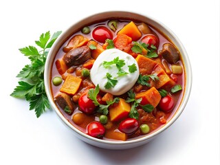 Surreal Bowl of Stew with Fresh Vegetables and Creamy Sour Cream Isolated on White Background for Culinary Art and Food Photography Inspiration