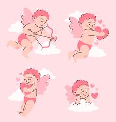 Cupids with hearts for Valentine's Day. Flat vector illustration.