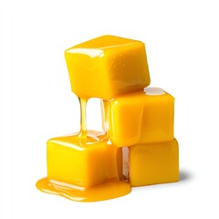Vibrant yellow mango jelly cubes melting on a white background, perfect for desserts and culinary presentations.