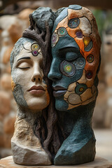Intricate sculpture featuring two intertwined faces with earthy textures, colorful patterns, and natural elements, symbolizing unity and human connection to nature