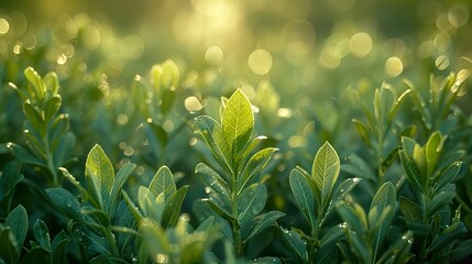 Close-up of Lush Green Leaves with Sunlight and Dewdrops