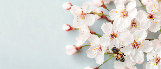 A close-up of delicate cherry blossoms with a bee pollinating among the soft petals, set against a pale blue background.