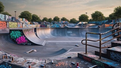 Graffiti-Covered Skate Park with Ramps 