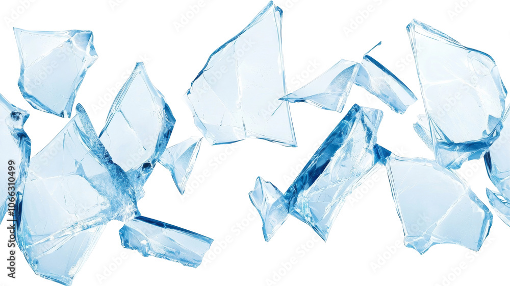Poster a collection of sharp ice fragments on a transparent background, showcasing a striking contrast betw