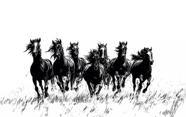 herd of wild mustang horses running forward - black vector silhouette outline