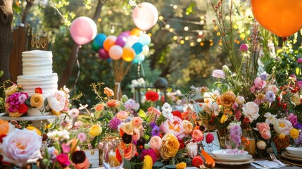 Naklejka premium a place to celebrate children's birthdays with flower decorations and balloons with a big birthday cake
