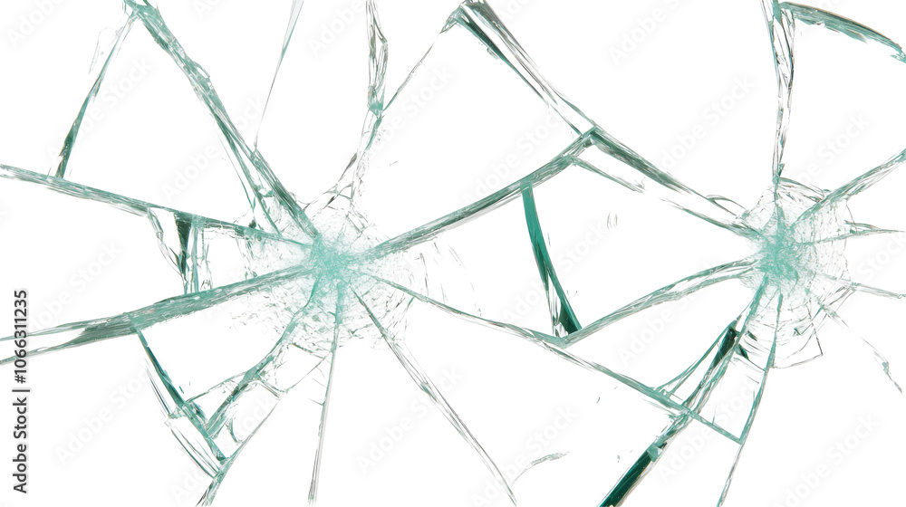 Poster a fractured glass surface with intricate, spiderweb-like patterns against a transparent background, 