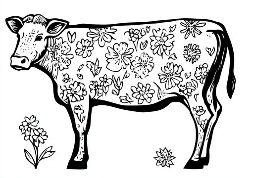 recommend clip art: Floral Cow Illustration, black and white, line art, cow, flower, nature, animal
