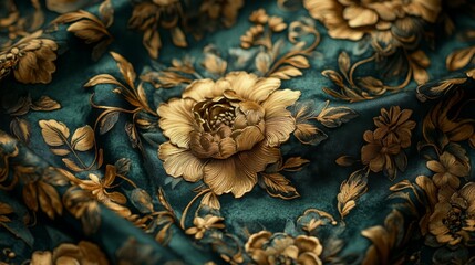 Emerald Green Fabric with Intricate Golden Floral Embroidery