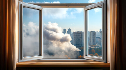 A serene view of urban life through an open window capturing the contrast between nature and cityscape with soft clouds in the distance