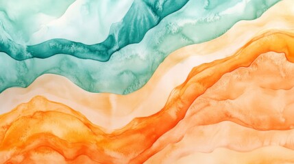 Obraz premium Abstract Watercolor Painting of Wavy Lines in Teal, Orange, and White