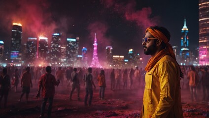 fountain in the city , A man in an orange jacket stands in a large crowd, illuminated by colorful lights and fireworks, in front of tall buildings.