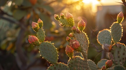 Obraz premium Close-up of a Prickly Pear Cactus in Bloom with Golden Sunlight