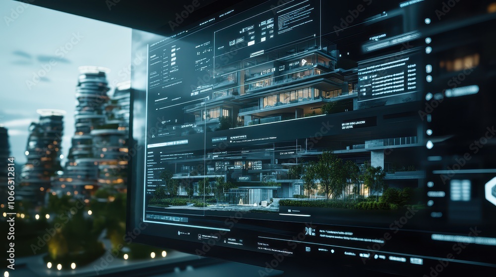 Poster futuristic computer screen with decentralized data display