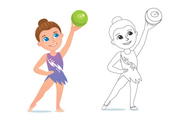 Coloring page with a cartoon little gymnast girl. Kid rhythmic gymnastics exercising ball. Cute children having rhythmic gym workouts, taking part in competition. Sport vector set