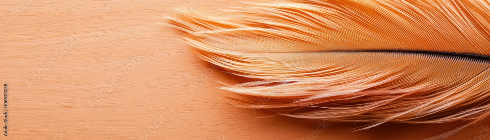 Poster a close-up of an orange feather resting on a smooth surface, highlighting its intricate texture and 