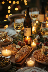 Naklejka premium A family joyfully celebrates a holiday night with festive food and warm candles