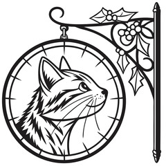 Stained Glass Christmas Cat round sign Black silhouette