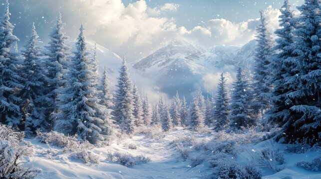 A snowy landscape with pine trees, hypermaximalist, advertising photography, hyper realistic, fine detail,