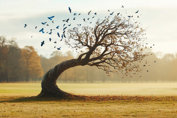Stock illustration style, a pretty goodness representimg A tree made from a blue bird on fall scene, symptoms of don't be afraid and freedom. 8k highest resolution.