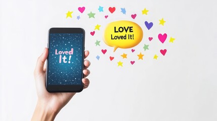 Hand holding a smartphone with a message bubble showing "Love Loved It!"
