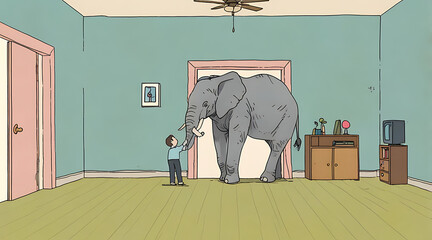 A Literal "Elephant in the Room" Illustration with an Elephant Squeezed in a Tiny Living Room