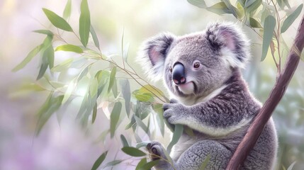 Fototapeta premium Koala Bear Sitting on a Tree Branch with Green Leaves