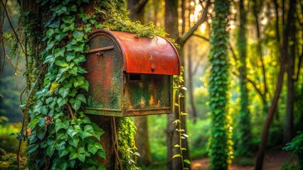 A rusty mailbox mounted on a moss-covered tree trunk, surrounded by a lush canopy of green foliage, bathed in the soft light of a sunlit forest