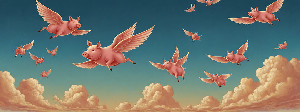 "When Pigs Fly" Illustration Showing Pigs with Tiny Wings Hovering in the Sky, Representing Impossible Things