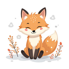 Fototapeta premium A cute fox sits happily amidst a playful natural landscape of flora and soft snowflakes, digital illustration of character design concept.