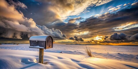 A solitary wooden post stands tall in a snow-covered field, holding aloft a weathered mailbox, with a dramatic sunset sky above casting a golden glow on the landscape.