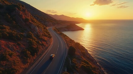Driving on beautiful roads in colorful sunset